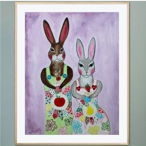 Baker Bunnies Whimsical Folk Art Print Oil Painting Cupcakes Quilt Apron Fruit